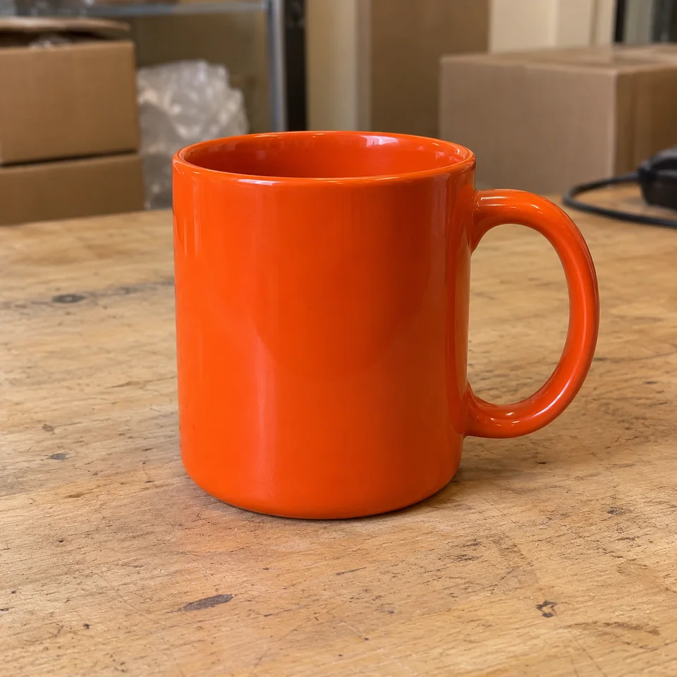 Exemplo fictício: caneca laranja sobre uma mesa, antes do tratamento de fundo.