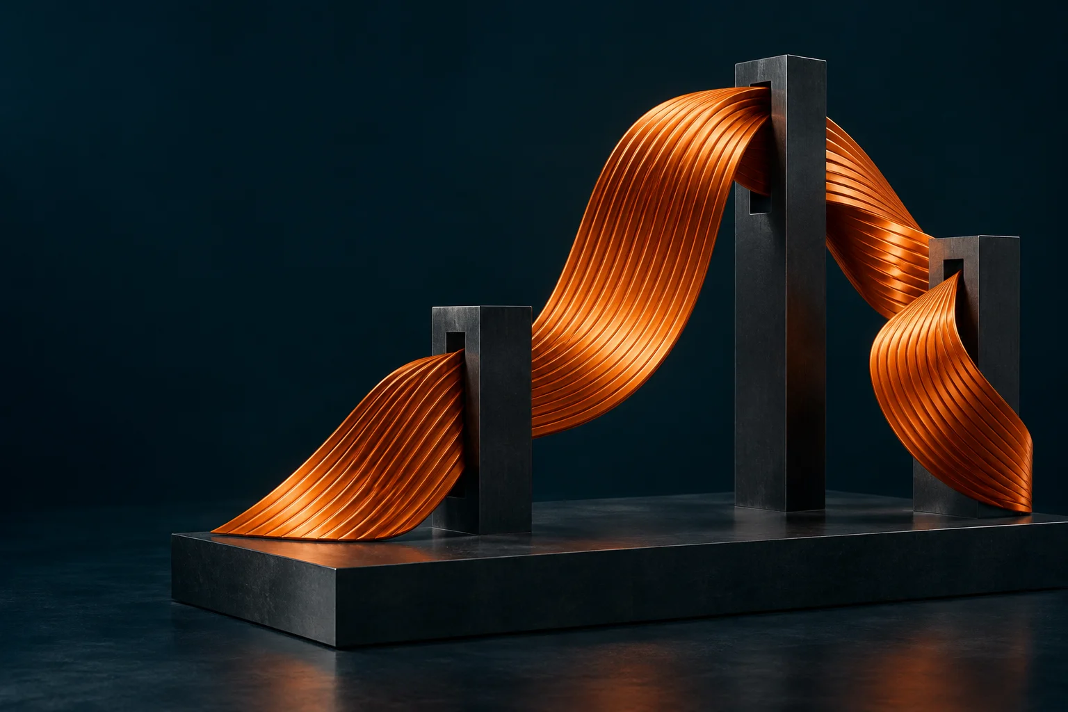 Escultura digital de fios metálicos alaranjados atravessando estruturas escuras. Arte conceitual da Fabrus, sem representar uma instalação real.